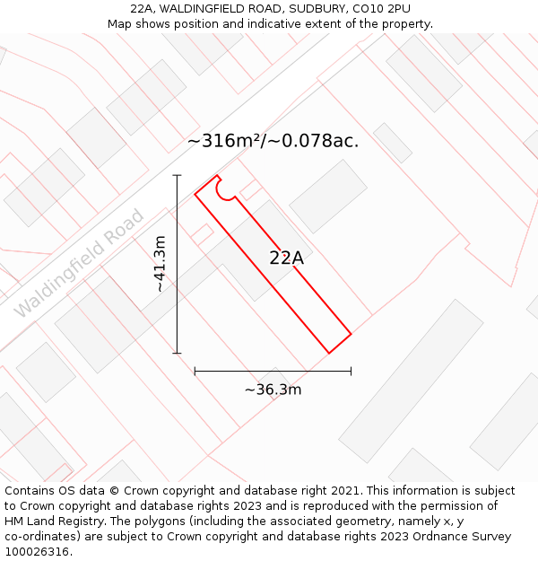 22A, WALDINGFIELD ROAD, SUDBURY, CO10 2PU: Plot and title map