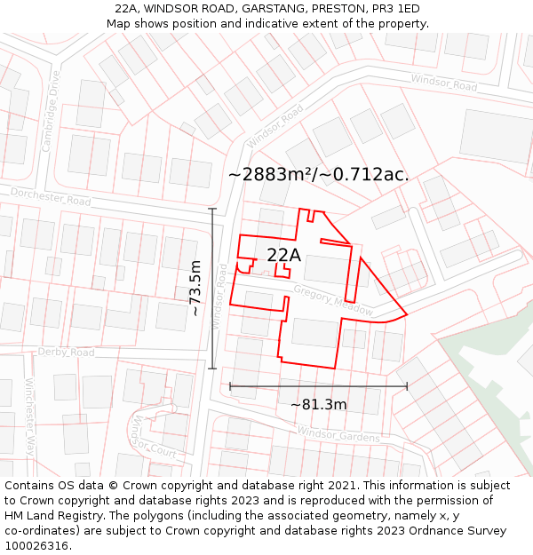 22A, WINDSOR ROAD, GARSTANG, PRESTON, PR3 1ED: Plot and title map