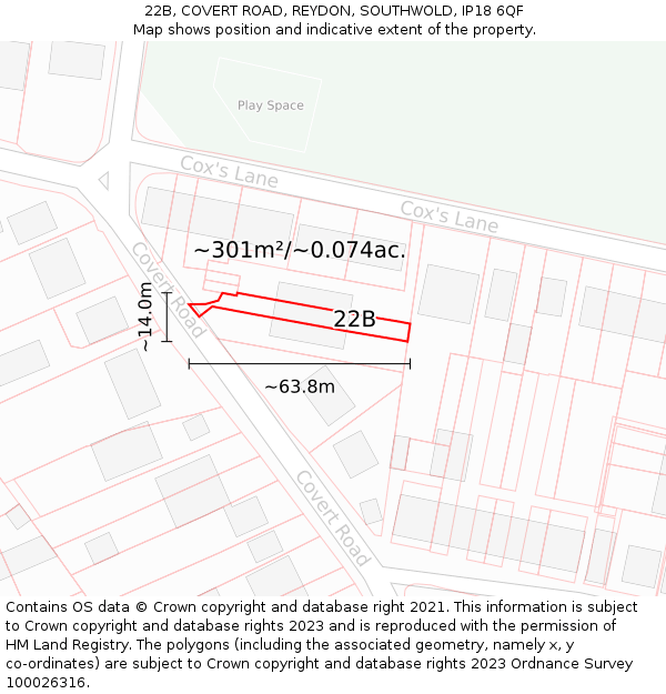 22B, COVERT ROAD, REYDON, SOUTHWOLD, IP18 6QF: Plot and title map