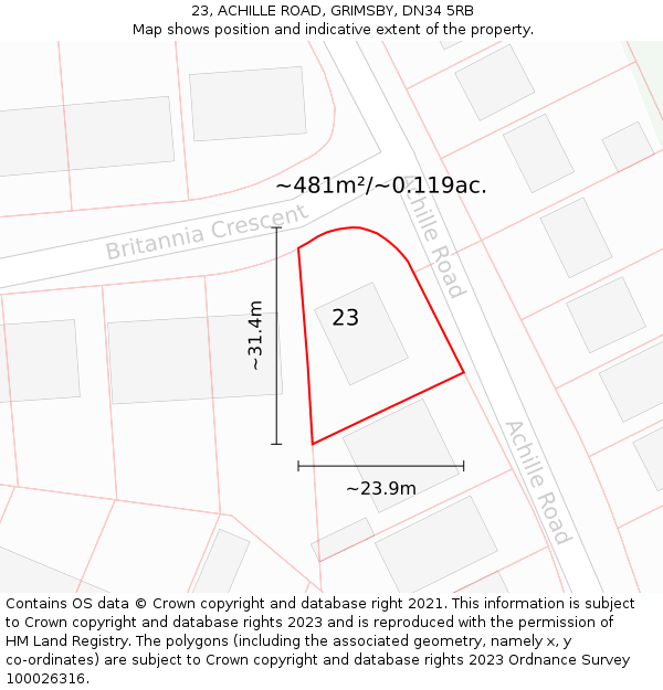 23, ACHILLE ROAD, GRIMSBY, DN34 5RB: Plot and title map