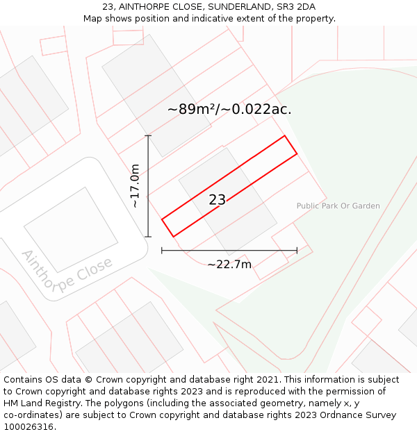 23, AINTHORPE CLOSE, SUNDERLAND, SR3 2DA: Plot and title map