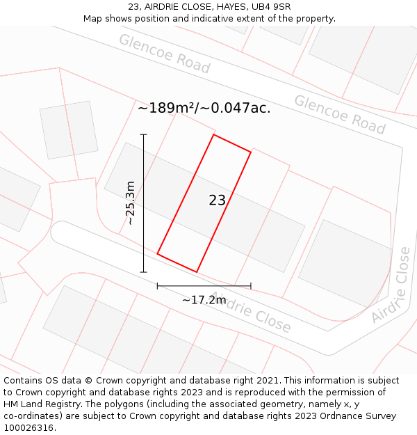 23, AIRDRIE CLOSE, HAYES, UB4 9SR: Plot and title map