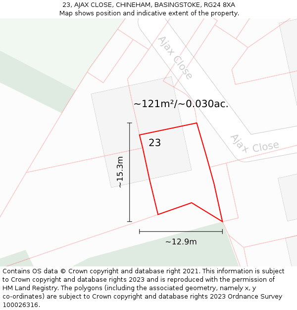 23, AJAX CLOSE, CHINEHAM, BASINGSTOKE, RG24 8XA: Plot and title map