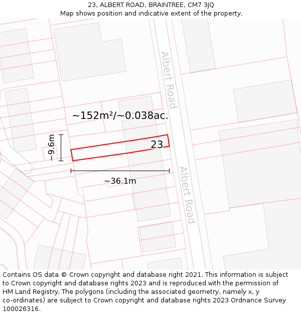 23, ALBERT ROAD, BRAINTREE, CM7 3JQ: Plot and title map