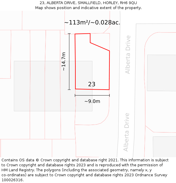 23, ALBERTA DRIVE, SMALLFIELD, HORLEY, RH6 9QU: Plot and title map