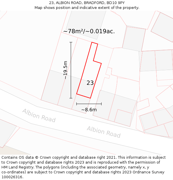 23, ALBION ROAD, BRADFORD, BD10 9PY: Plot and title map