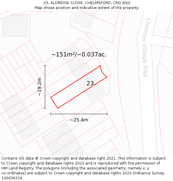 23, ALDRIDGE CLOSE, CHELMSFORD, CM2 6QG: Plot and title map