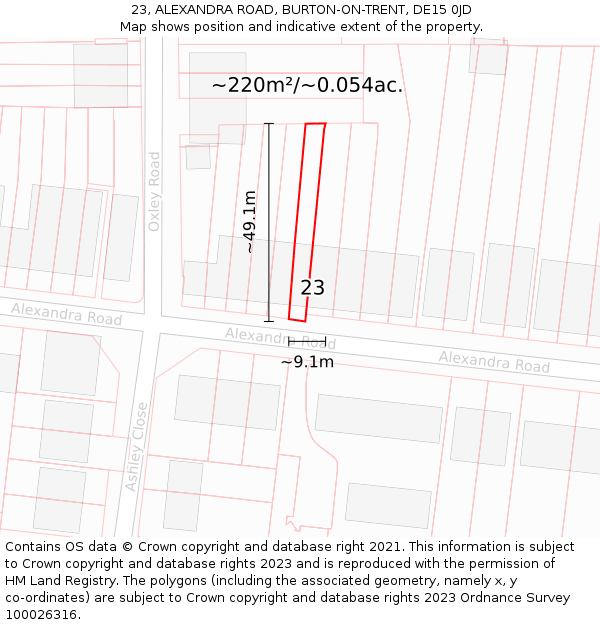 23, ALEXANDRA ROAD, BURTON-ON-TRENT, DE15 0JD: Plot and title map