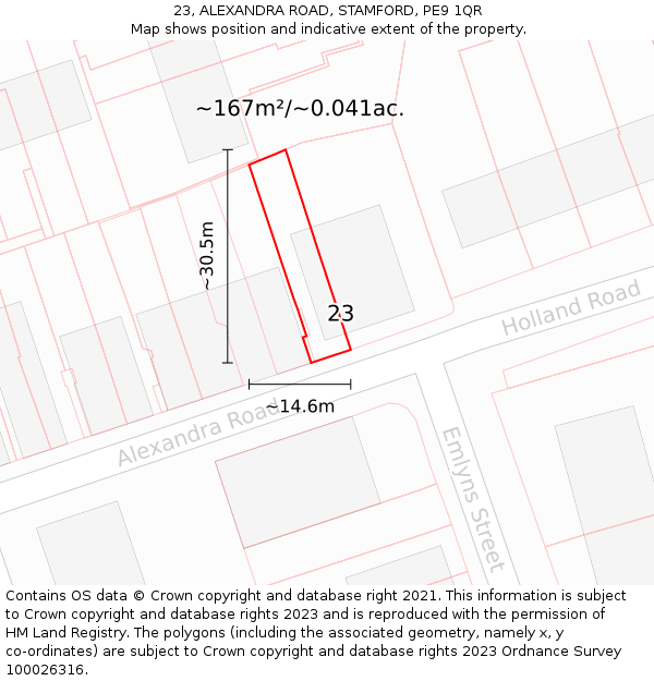 23, ALEXANDRA ROAD, STAMFORD, PE9 1QR: Plot and title map