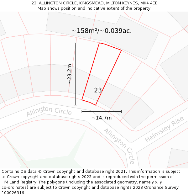 23, ALLINGTON CIRCLE, KINGSMEAD, MILTON KEYNES, MK4 4EE: Plot and title map