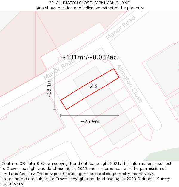 23, ALLINGTON CLOSE, FARNHAM, GU9 9EJ: Plot and title map