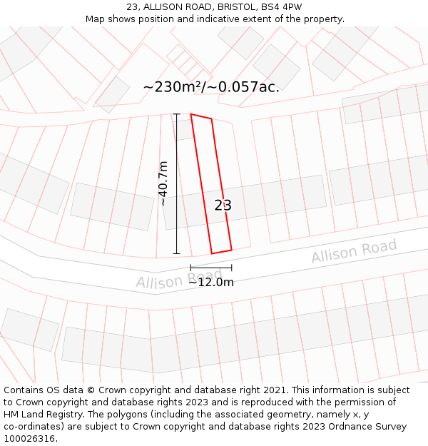 23, ALLISON ROAD, BRISTOL, BS4 4PW: Plot and title map