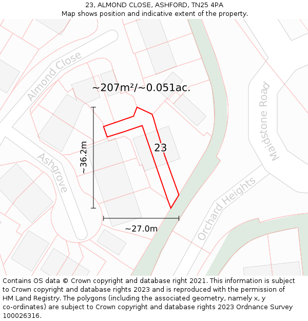 23, ALMOND CLOSE, ASHFORD, TN25 4PA: Plot and title map