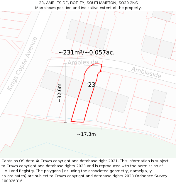23, AMBLESIDE, BOTLEY, SOUTHAMPTON, SO30 2NS: Plot and title map