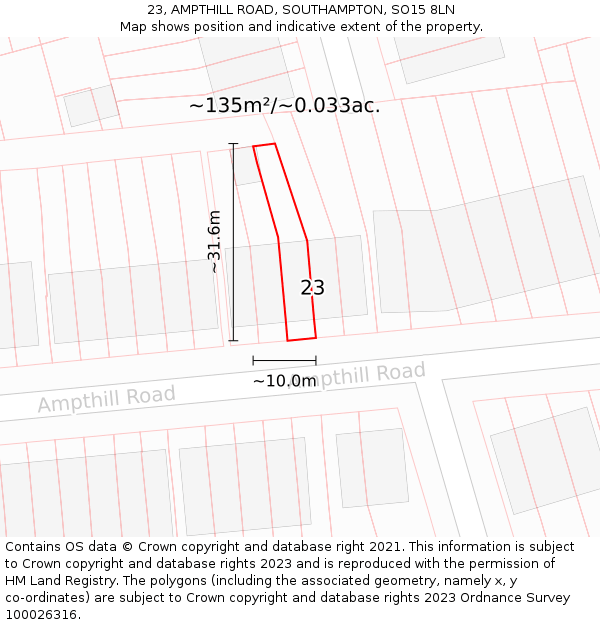 23, AMPTHILL ROAD, SOUTHAMPTON, SO15 8LN: Plot and title map