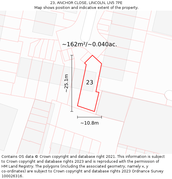 23, ANCHOR CLOSE, LINCOLN, LN5 7PE: Plot and title map