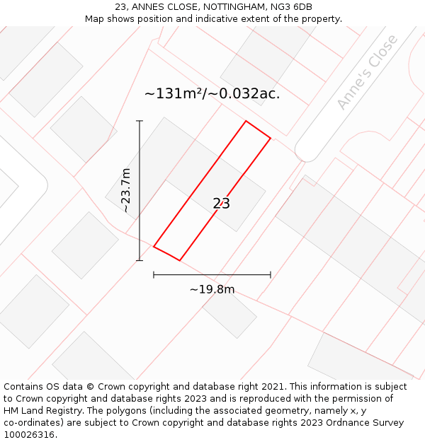23, ANNES CLOSE, NOTTINGHAM, NG3 6DB: Plot and title map