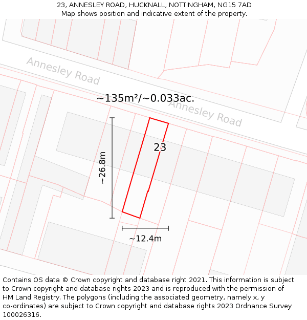 23, ANNESLEY ROAD, HUCKNALL, NOTTINGHAM, NG15 7AD: Plot and title map
