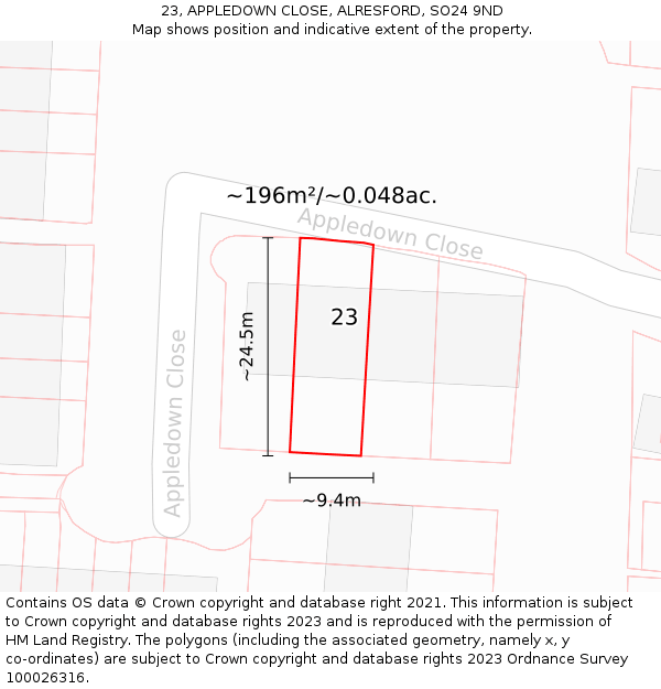 23, APPLEDOWN CLOSE, ALRESFORD, SO24 9ND: Plot and title map
