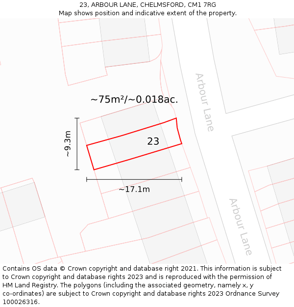 23, ARBOUR LANE, CHELMSFORD, CM1 7RG: Plot and title map