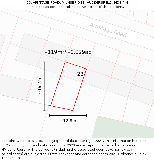 23, ARMITAGE ROAD, MILNSBRIDGE, HUDDERSFIELD, HD3 4JN: Plot and title map