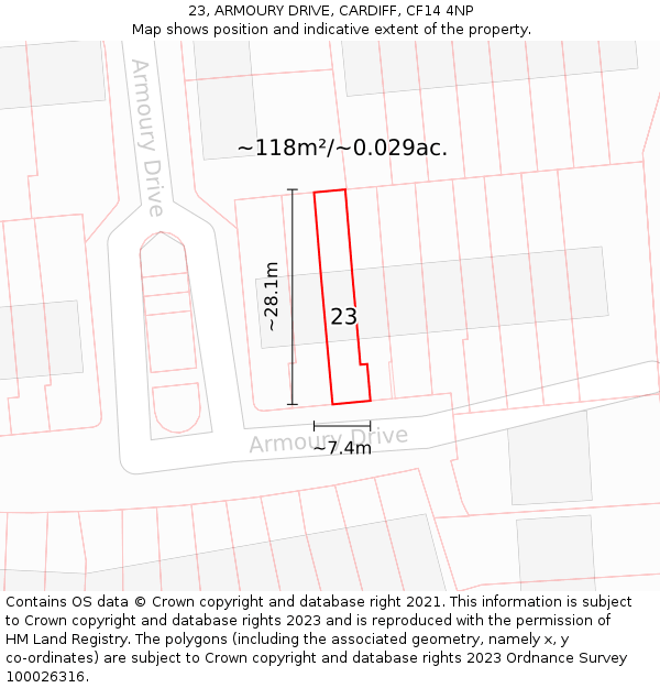 23, ARMOURY DRIVE, CARDIFF, CF14 4NP: Plot and title map