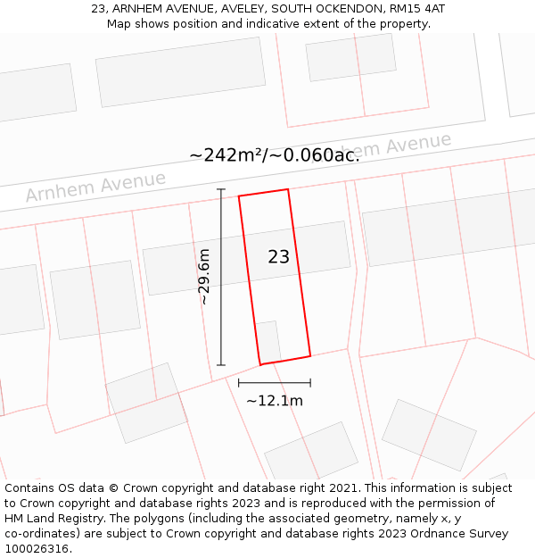 23, ARNHEM AVENUE, AVELEY, SOUTH OCKENDON, RM15 4AT: Plot and title map