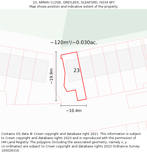23, ARRAN CLOSE, GREYLEES, SLEAFORD, NG34 8FY: Plot and title map