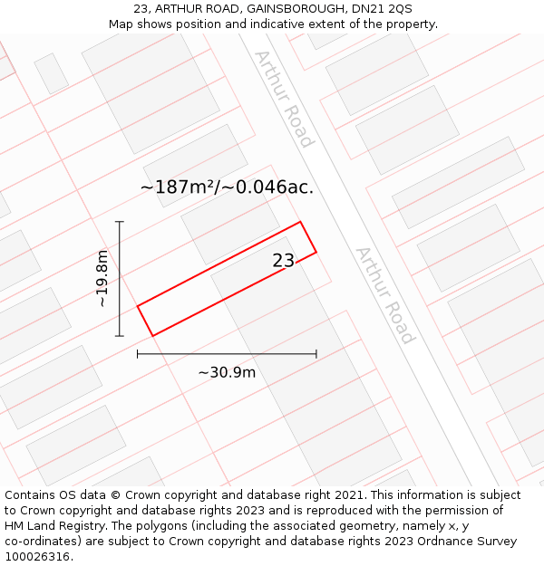 23, ARTHUR ROAD, GAINSBOROUGH, DN21 2QS: Plot and title map