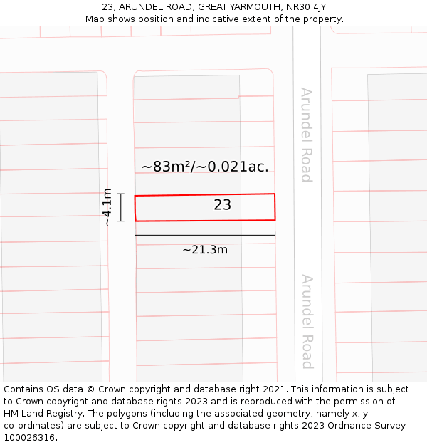 23, ARUNDEL ROAD, GREAT YARMOUTH, NR30 4JY: Plot and title map