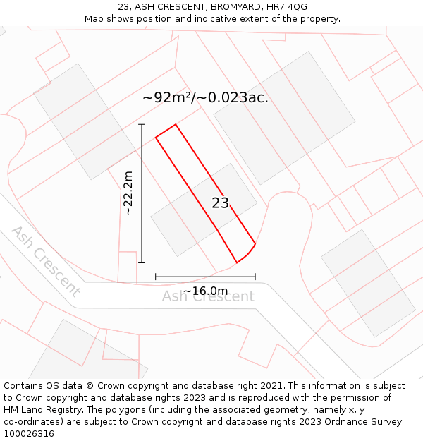 23, ASH CRESCENT, BROMYARD, HR7 4QG: Plot and title map