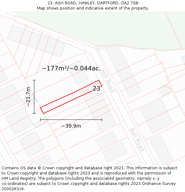 23, ASH ROAD, HAWLEY, DARTFORD, DA2 7SB: Plot and title map