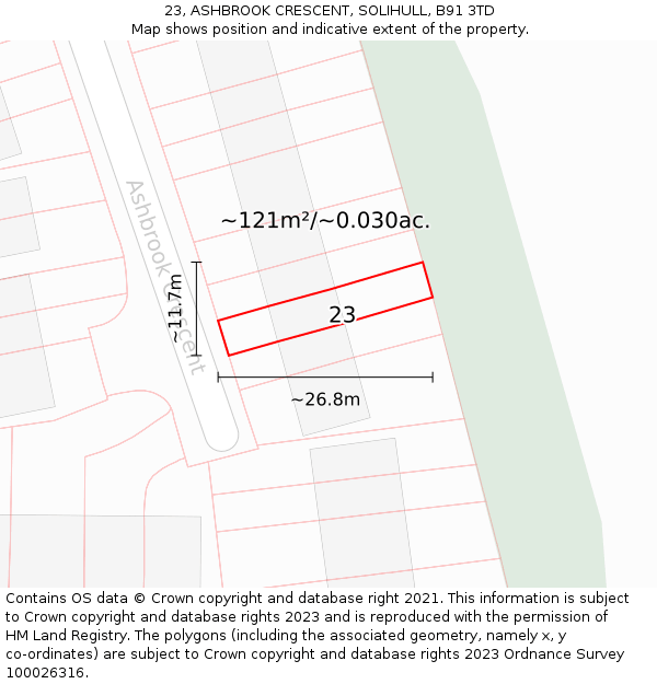 23, ASHBROOK CRESCENT, SOLIHULL, B91 3TD: Plot and title map