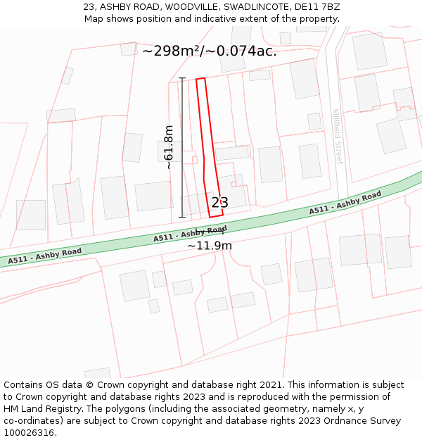 23, ASHBY ROAD, WOODVILLE, SWADLINCOTE, DE11 7BZ: Plot and title map