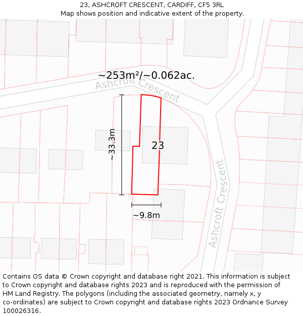 23, ASHCROFT CRESCENT, CARDIFF, CF5 3RL: Plot and title map