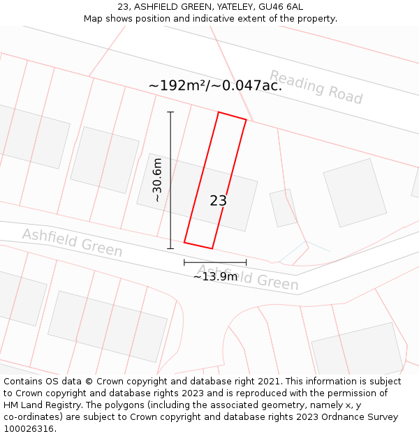 23, ASHFIELD GREEN, YATELEY, GU46 6AL: Plot and title map