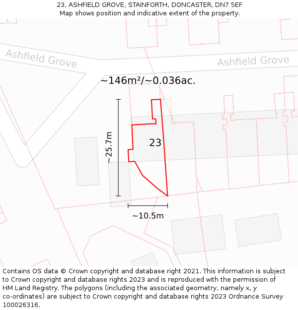 23, ASHFIELD GROVE, STAINFORTH, DONCASTER, DN7 5EF: Plot and title map