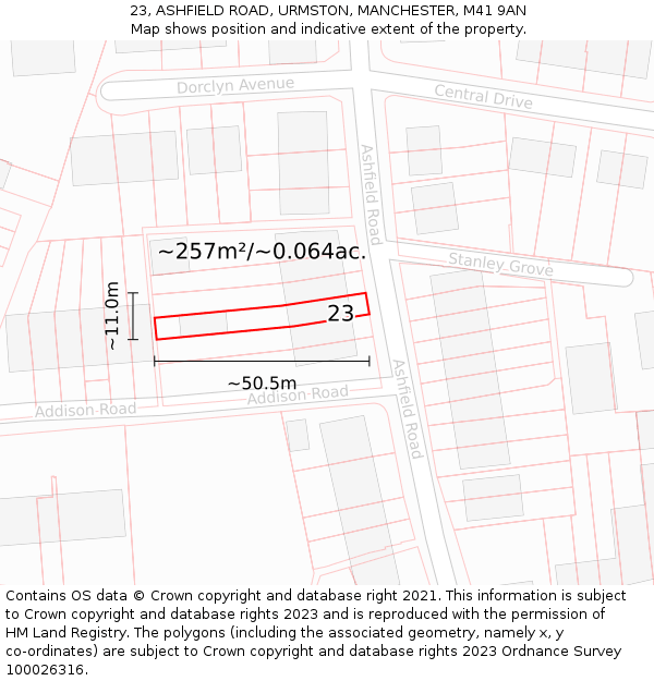 23, ASHFIELD ROAD, URMSTON, MANCHESTER, M41 9AN: Plot and title map