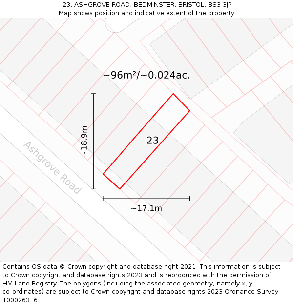 23, ASHGROVE ROAD, BEDMINSTER, BRISTOL, BS3 3JP: Plot and title map