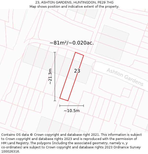 23, ASHTON GARDENS, HUNTINGDON, PE29 7HG: Plot and title map