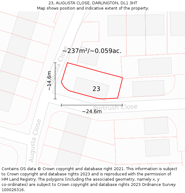 23, AUGUSTA CLOSE, DARLINGTON, DL1 3HT: Plot and title map