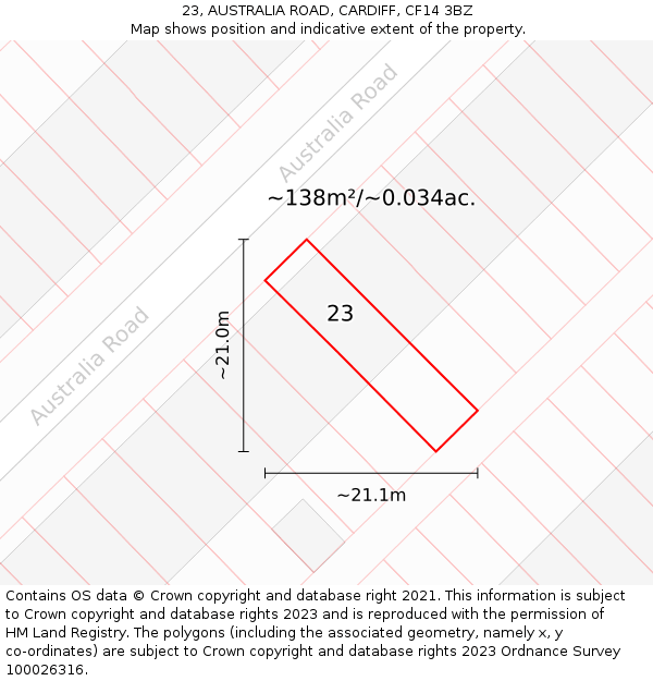 23, AUSTRALIA ROAD, CARDIFF, CF14 3BZ: Plot and title map