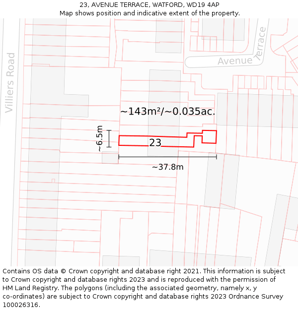 23, AVENUE TERRACE, WATFORD, WD19 4AP: Plot and title map