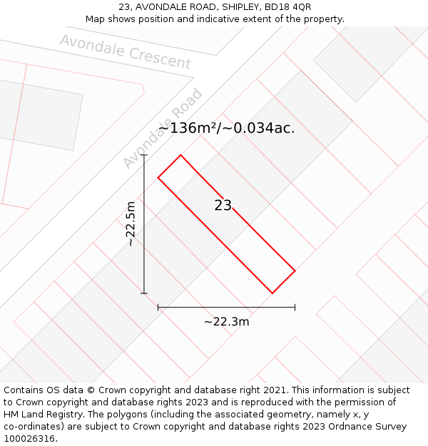 23, AVONDALE ROAD, SHIPLEY, BD18 4QR: Plot and title map