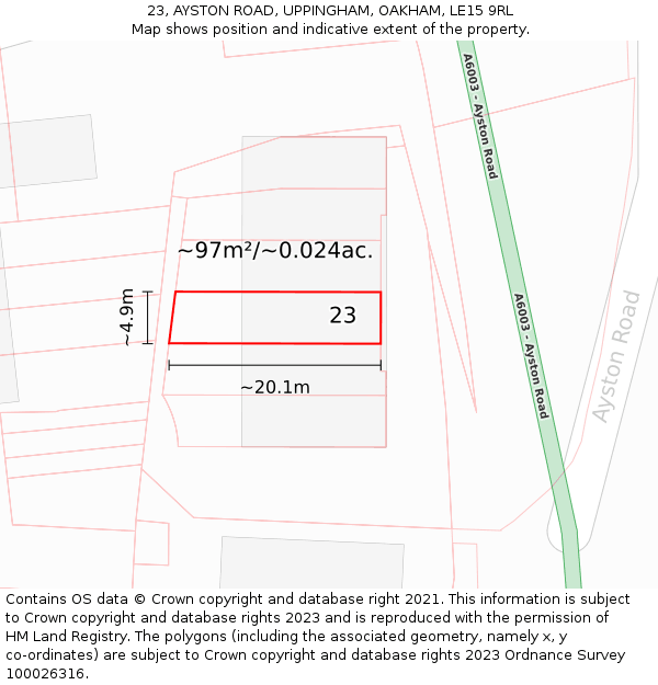 23, AYSTON ROAD, UPPINGHAM, OAKHAM, LE15 9RL: Plot and title map