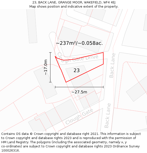 23, BACK LANE, GRANGE MOOR, WAKEFIELD, WF4 4EJ: Plot and title map