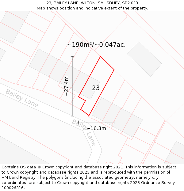 23, BAILEY LANE, WILTON, SALISBURY, SP2 0FR: Plot and title map