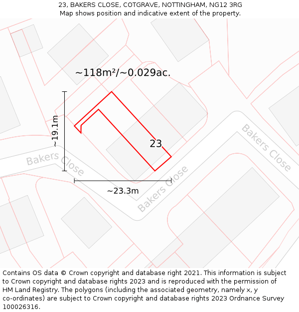 23, BAKERS CLOSE, COTGRAVE, NOTTINGHAM, NG12 3RG: Plot and title map