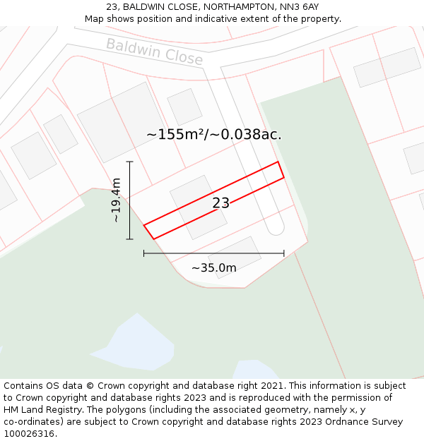 23, BALDWIN CLOSE, NORTHAMPTON, NN3 6AY: Plot and title map