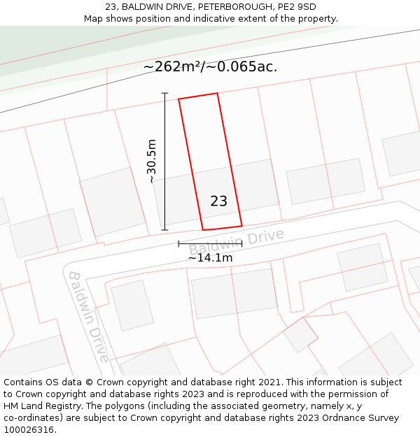 23, BALDWIN DRIVE, PETERBOROUGH, PE2 9SD: Plot and title map